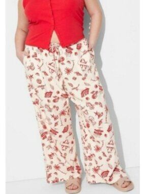 Wild Fable Womens Red & White Beach Print Wide-Leg Pants Large Linen Blend